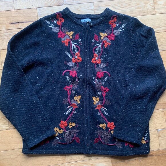 Croft & Barrow Fall Embroidered Cardigan Sweater – Medium, Black, Autumn Leaves - Picture 1 of 7